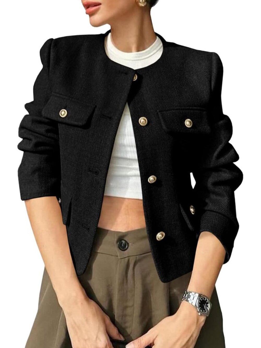 Womens Cropped Tweed Blazers Jacket Collarless Button Down Coats